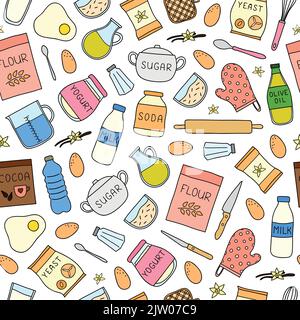 Seamless pattern with doodle colored cooking, baking ingredients. Stock Vector