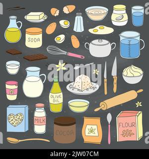 Set of hand drawn colored cooking, baking ingredients isolated on chalkboard background. Stock Vector