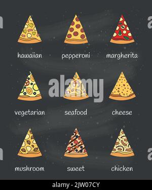 Set of different doodle colored pizza slices isolated on chalkboard background with names. Stock Vector