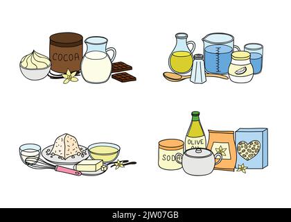 Groups of hand drawn colored cooking, baking ingredients isolated on white background. Stock Vector