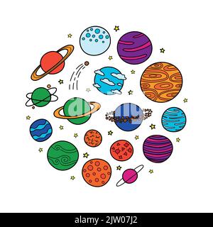 Different colorful doodle fantastic space planets composed in circle shape. Stock Vector