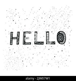 Cute hand drawn black lettering hello in scandinavian style isolated on white background. Stock Vector