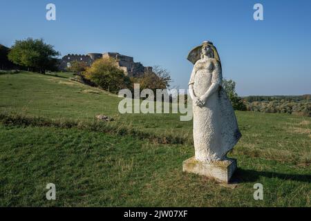 Statue of a woman and Devin Castle ruins - Bratislava, Slovakia Stock Photo