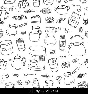 Black and white seamless pattern with hand drawn outline coffee, tea, cocoa items. Stock Vector