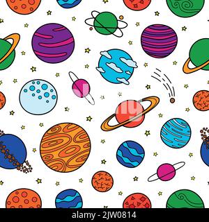 Seamless pattern with different colorful doodle fantastic space planets. Stock Vector