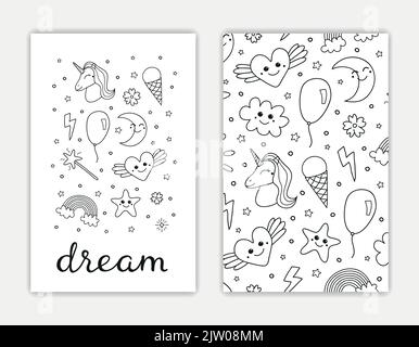 Card templates with hand drawn outline cute items and lettering. Used clipping mask. Stock Vector