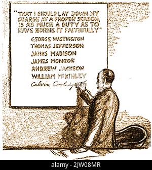 John Calvin Coolidge Jr , ( 1872 –  1933), 30th president of the United States (from 1923 to 1929)    ----------------------- A 1927  American political cartoon drawing of Calvin Coolidge adding his own name to a list of ex Presidents of the United States of America.  At the time he was heavily criticised, especially for his actions during the Great Mississippi Flood of 1927 and was expected to resign after stating  'I do not choose to run for President in 1928.' Stock Photo