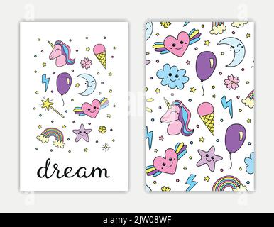 Card templates with hand drawn colored cute items and lettering. Used clipping mask. Stock Vector
