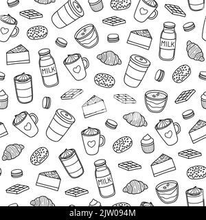 Black and white seamless pattern with hand drawn outline coffee, milk, sweets and desserts. Stock Vector