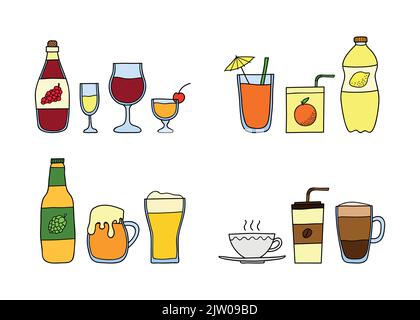 Different groups of doodle colored liquid drinks isolated on white background. Stock Vector