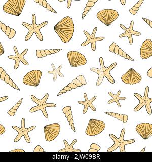 Seamless pattern with different doodle colored seashells. Stock Vector