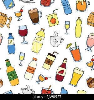 Seamless pattern with different doodle colorful liquid drinks. Stock Vector