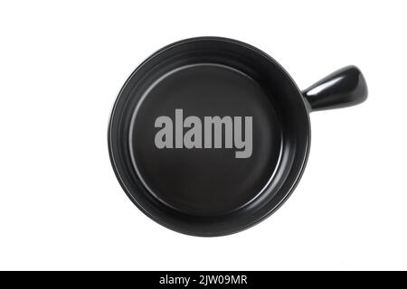 Black ceramic soup bowl with handle isolated on white background. View from above. Stock Photo