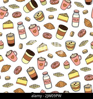Seamless pattern with hand drawn colored coffee, milk, sweets and desserts. Stock Vector
