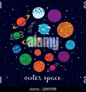 Different colorful doodle fantastic space planets composed in circle shape with lettering. Stock Vector