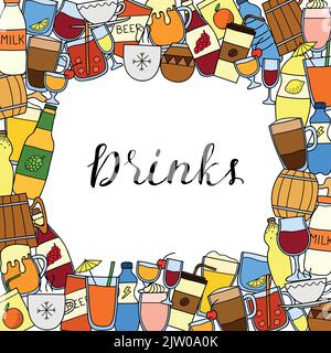 Square background with different doodle colored liquid drinks and lettering. Detailed frame design. Used clipping mask. Stock Vector