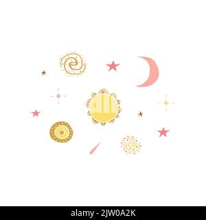 Composition of hand drawn colorful spiral galaxy, sun, moon and stars isolated on white background. Stock Vector