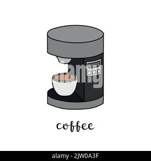 Hand drawn colored coffee machine with lettering isolated on white background. Stock Vector