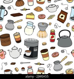 Seamless pattern with hand drawn colored coffee, tea, cocoa items. Stock Vector
