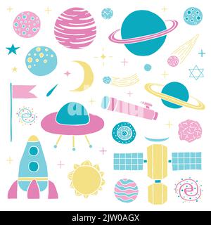 Set of hand drawn colorful space items isolated on white background. Stock Vector