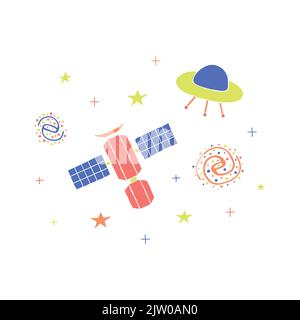 Composition of hand drawn colorful spiral galaxy, satellite, ufo and stars isolated on white background. Stock Vector
