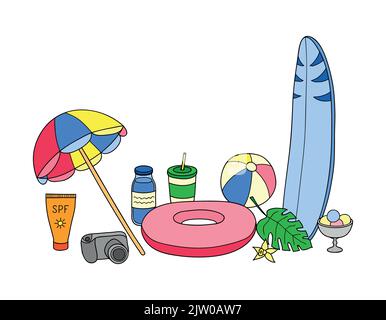 Composition of hand drawn colored summer beach items isolated on white background. Stock Vector