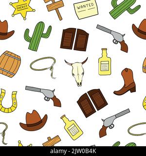 Seamless pattern with hand drawn colored Wild West elements. Stock Vector