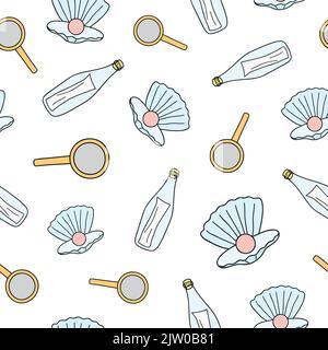 Seamless pattern with colored doodle loupe, pearl and letter in bottle. Stock Vector