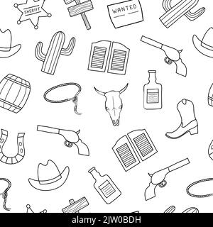 Black and white seamless pattern with hand drawn outline Wild West elements. Stock Vector