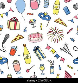 Seamless pattern with hand drawn colored party items. Stock Vector