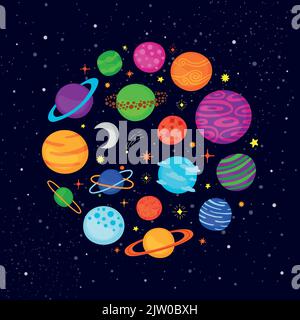 Different colorful cartoon fantastic space planets composed in circle shape with lettering. Stock Vector