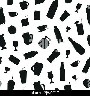 Black and white seamless pattern with flat liquid drinks. Stock Vector
