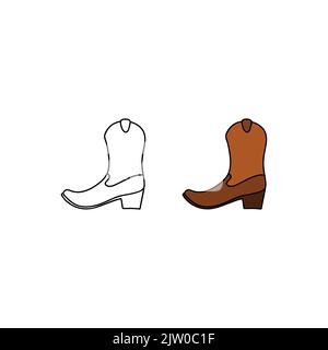 Doodle colored and outline cowboy leather boots isolated on white background. Stock Vector