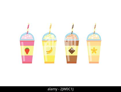 Set of cute flat milkshakes to go with strawberry, banana, chocolate and vanilla flavors isolated on white background. Stock Vector