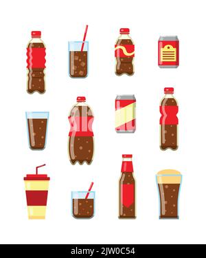 Set of flat cola drinks in cans, bottles, glass, plastic mugs isolated on white background. Stock Vector