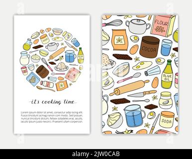 Card templates with hand drawn colored cooking ingredients. Used clipping mask. Stock Vector