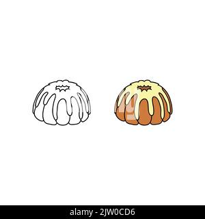 Hand drawn colored and outline bundt or flan cake isolated on white background. Stock Vector