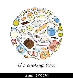 Hand drawn colored cooking, baking ingredients composed in circle shape with lettering. Stock Vector