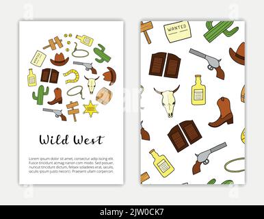 Card templates with hand drawn colored Wild West elements. Used clipping mask. Stock Vector