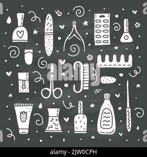 Set of different doodle icons for nail salon isolated on white background. Stock Vector
