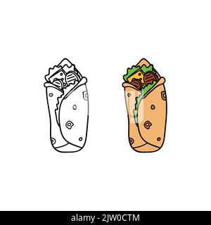 Hand drawn colored and outline burrito isolated on white background. Stock Vector