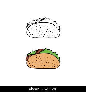 Hand drawn colored and outline taco isolated on white background. Stock Vector