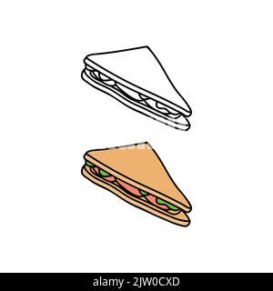 Hand drawn colored and outline triangle sandwich isolated on white background. Stock Vector