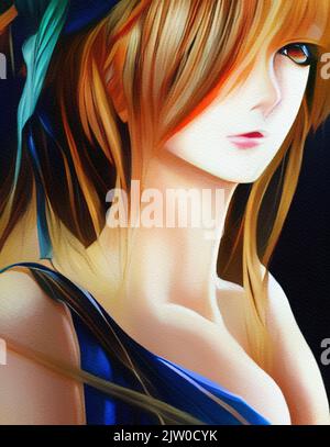 Blue Haired Girl Anime Drawing Print Cute Anime Girl 