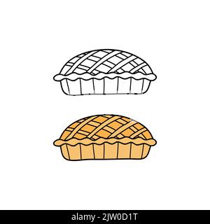 Doodle colored and outline apple pie isolated on white background. Stock Vector