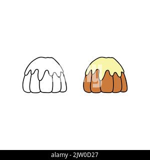 Doodle colored and outline bundt or flan cake isolated on white background. Stock Vector