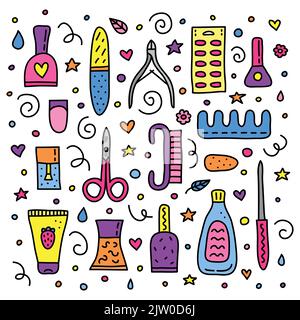 Set of different colorful doodle icons for nail salon isolated on white background. Stock Vector