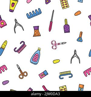 Seamless pattern with doodle colored nail salon icons. Stock Vector
