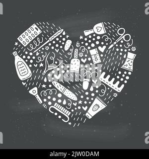 Doodle nail salon icons composed in heart shape on the blackboard. Stock Vector