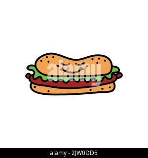 Cute doodle burger with smiling face isolated on white background. Funny fast food character. Stock Vector